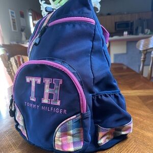 Vintage Tommy Hilfiger Women's Blue/ Pink Plaid Full Size Sling Backpack